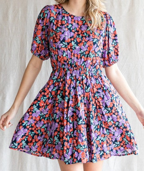 Floral Print Back Tie Dress in Navy