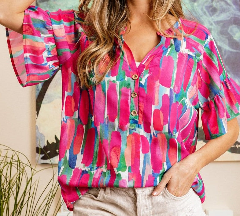 Paint Print Button Ruffled Top