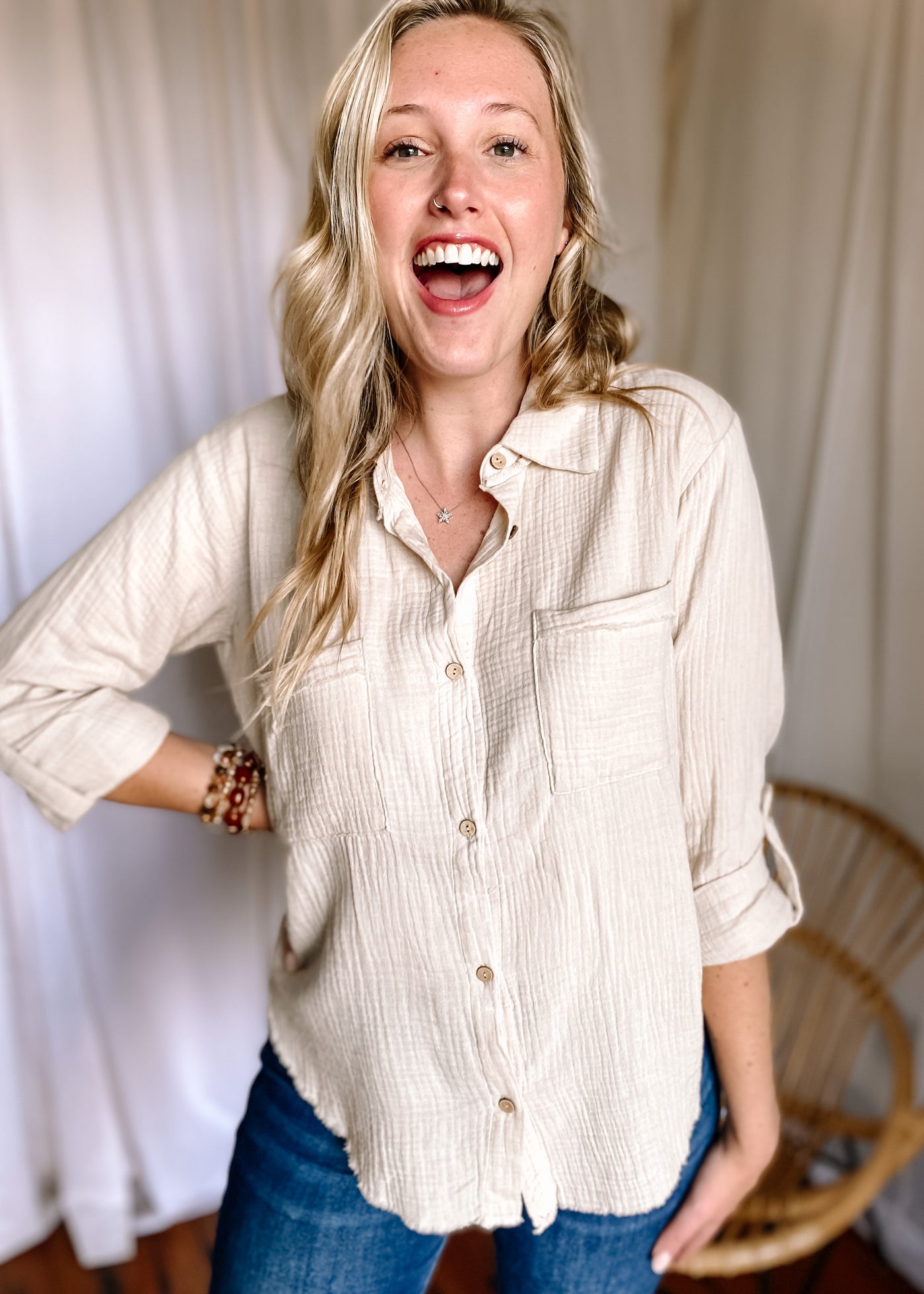 BlueBell Double Gauze Button Down Top in Ivory