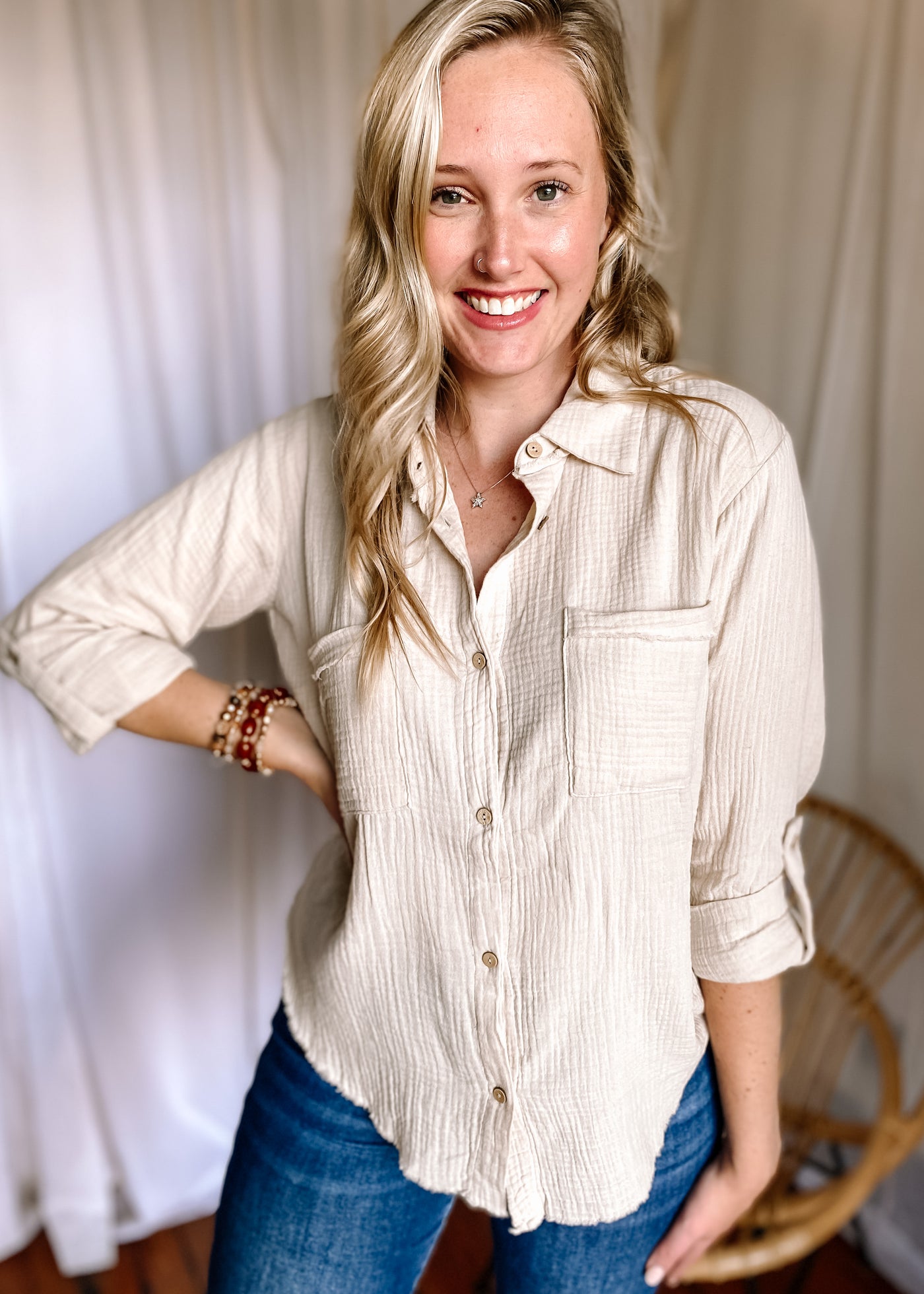 BlueBell Double Gauze Button Down Top in Ivory