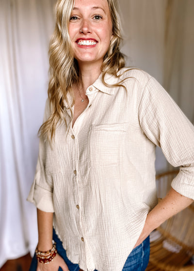 BlueBell Double Gauze Button Down Top in Ivory