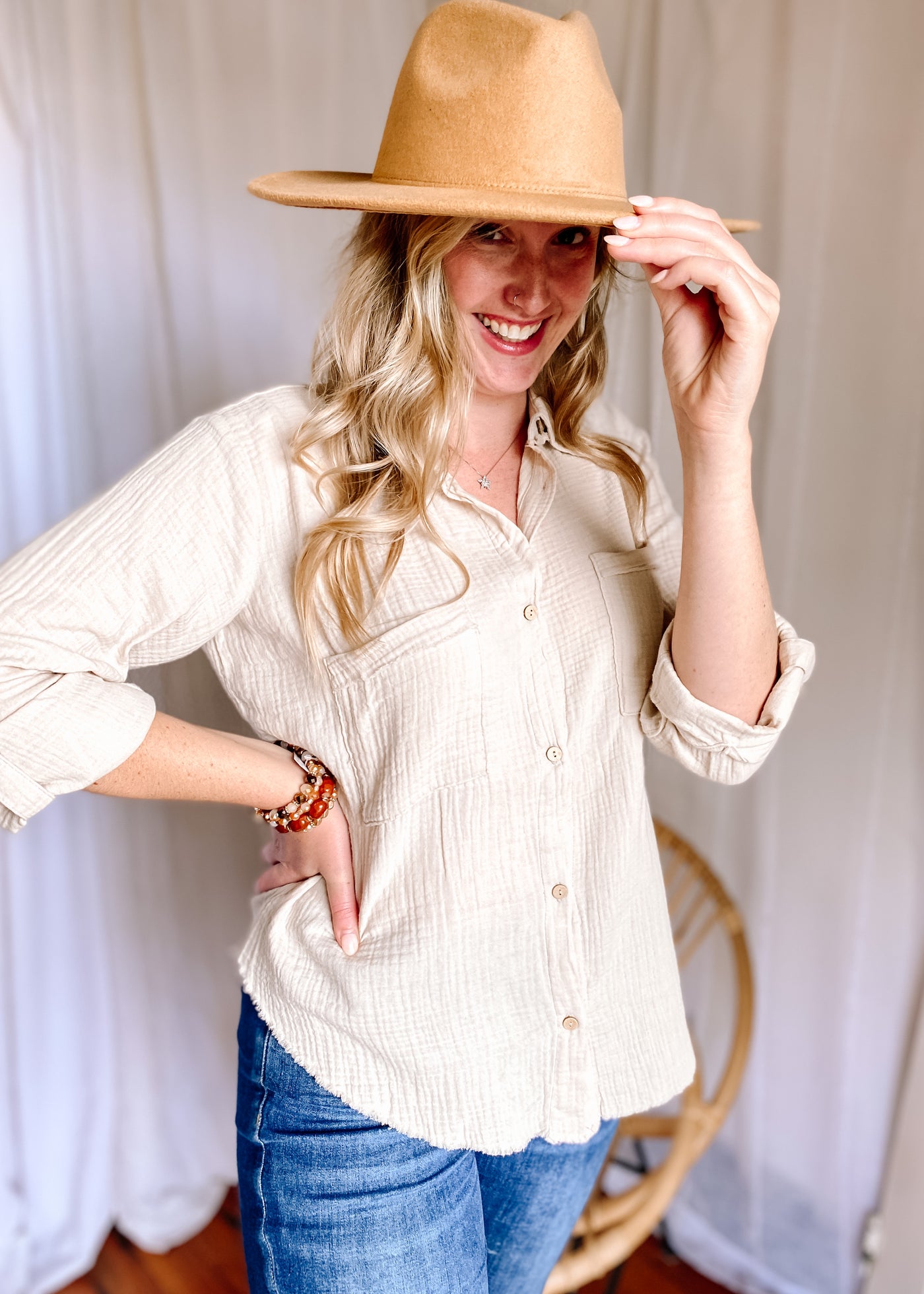 BlueBell Double Gauze Button Down Top in Ivory