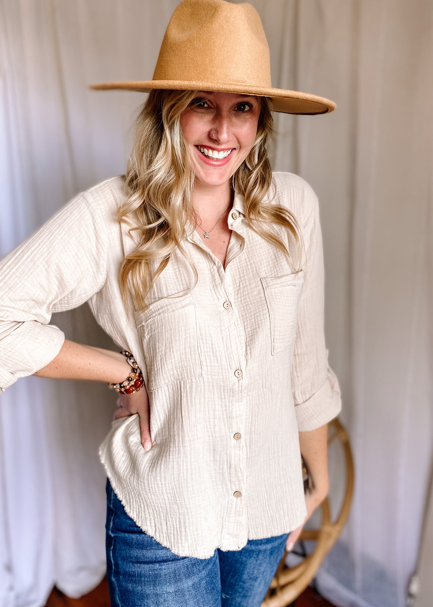 BlueBell Double Gauze Button Down Top in Ivory