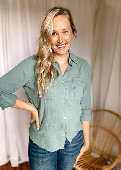 BlueBell Double Gauze Button Down Top in Blue Grey