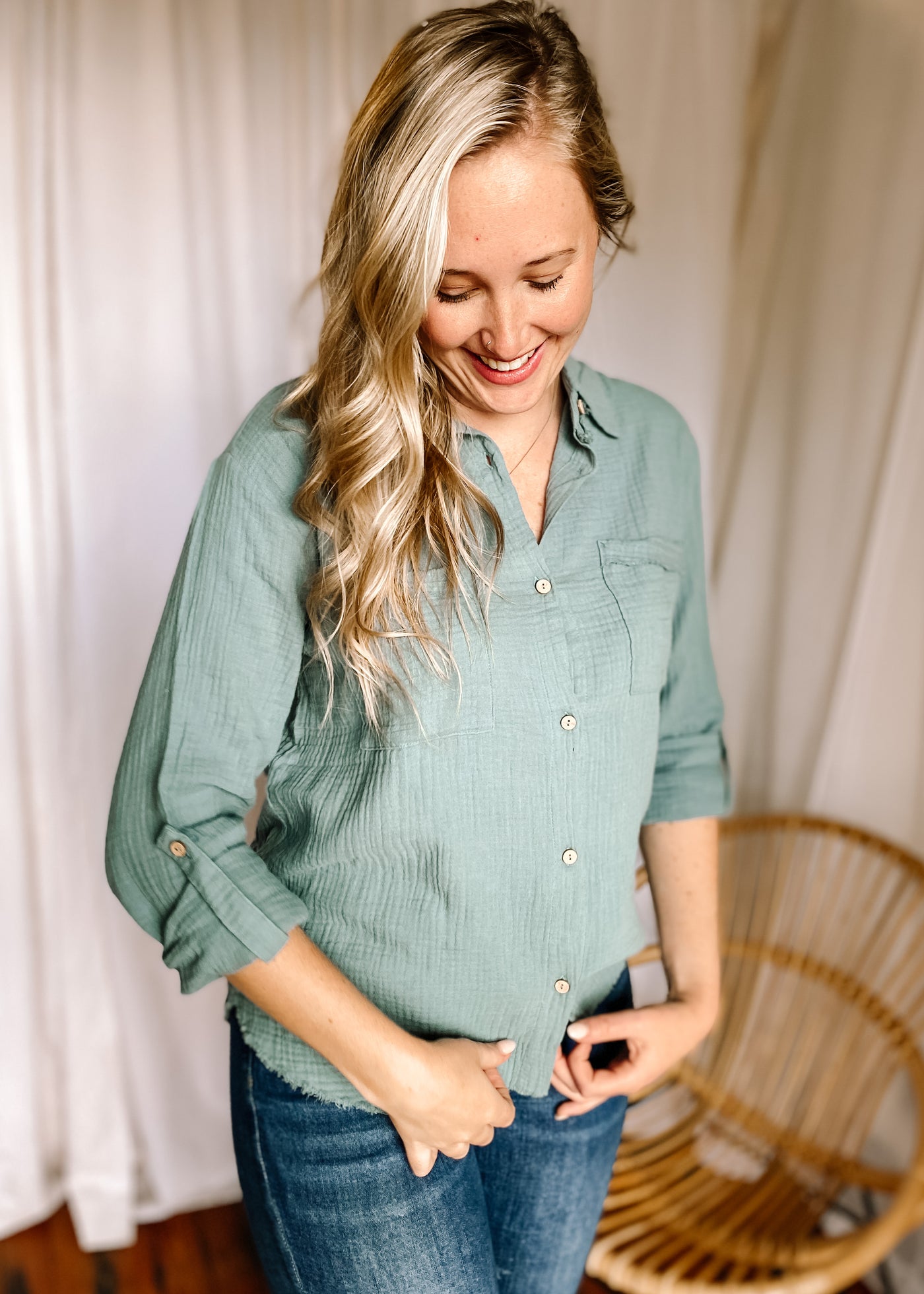 BlueBell Double Gauze Button Down Top in Blue Grey