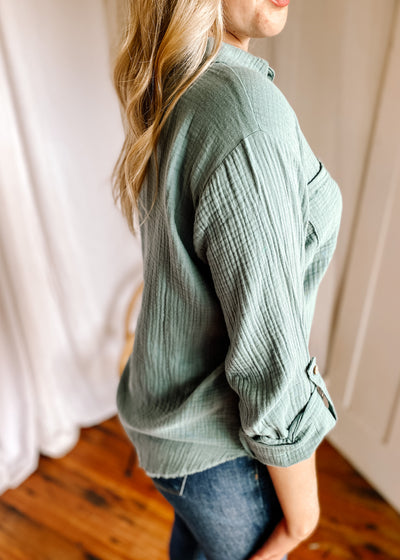 BlueBell Double Gauze Button Down Top in Blue Grey