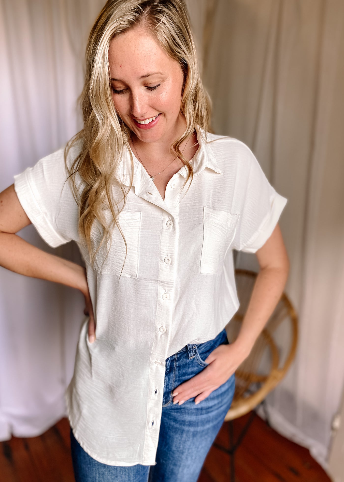 Alice Button Front Top in Ivory
