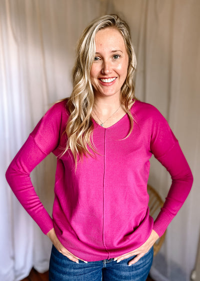 Rosie V-Neck Front Seam Sweater in Magenta