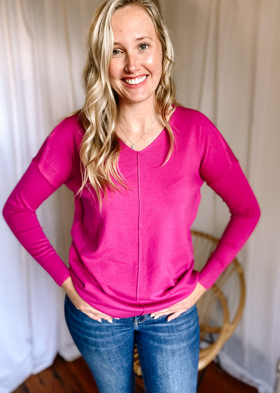Rosie V-Neck Front Seam Sweater in Magenta