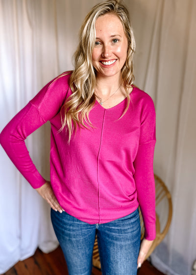 Rosie V-Neck Front Seam Sweater in Magenta