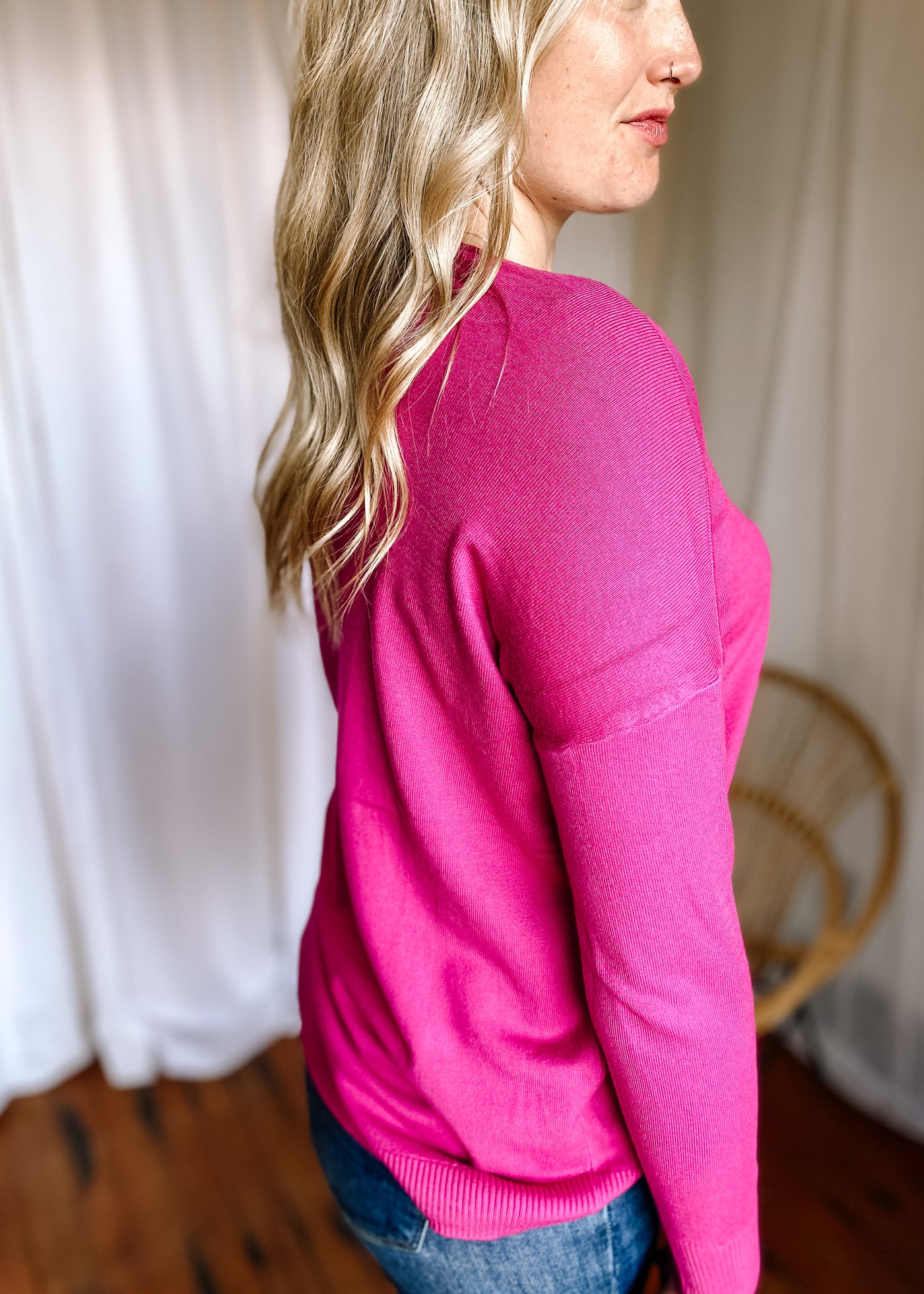 Rosie V-Neck Front Seam Sweater in Magenta