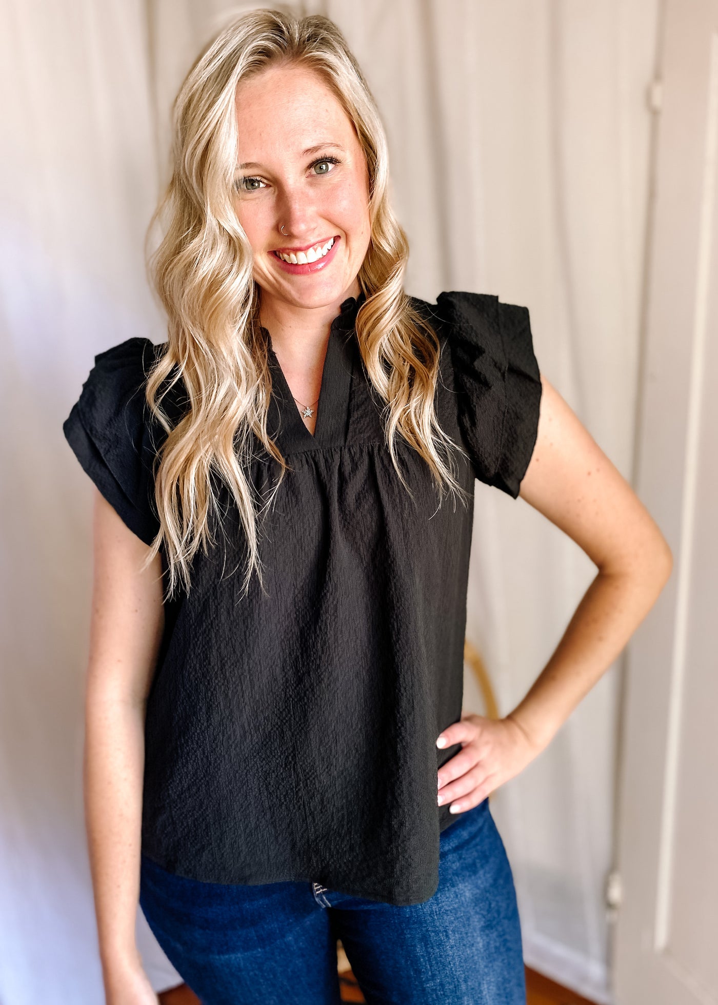 Ruffle Flutter Sleeve Notch Neck Top in Black