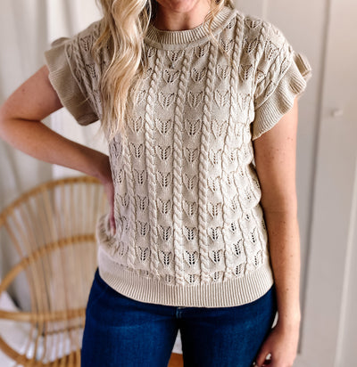 Ruffle Short Sleeve Cable Knit Textured Top