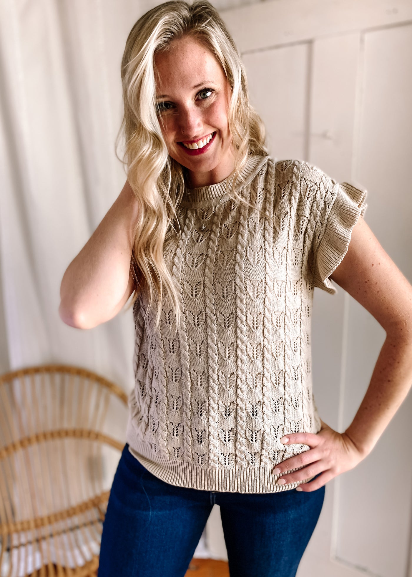 Ruffle Short Sleeve Cable Knit Textured Top