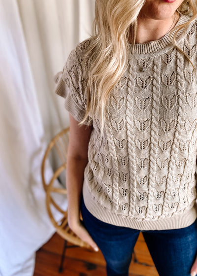 Ruffle Short Sleeve Cable Knit Textured Top