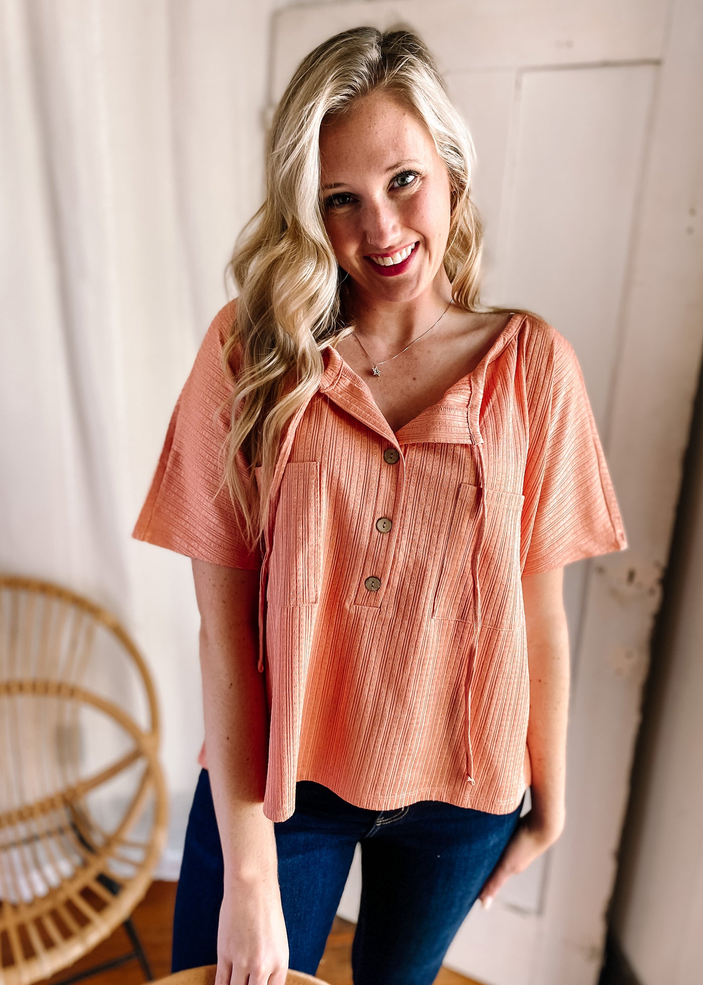 V Neck Buttoned Front Textured Loose Top