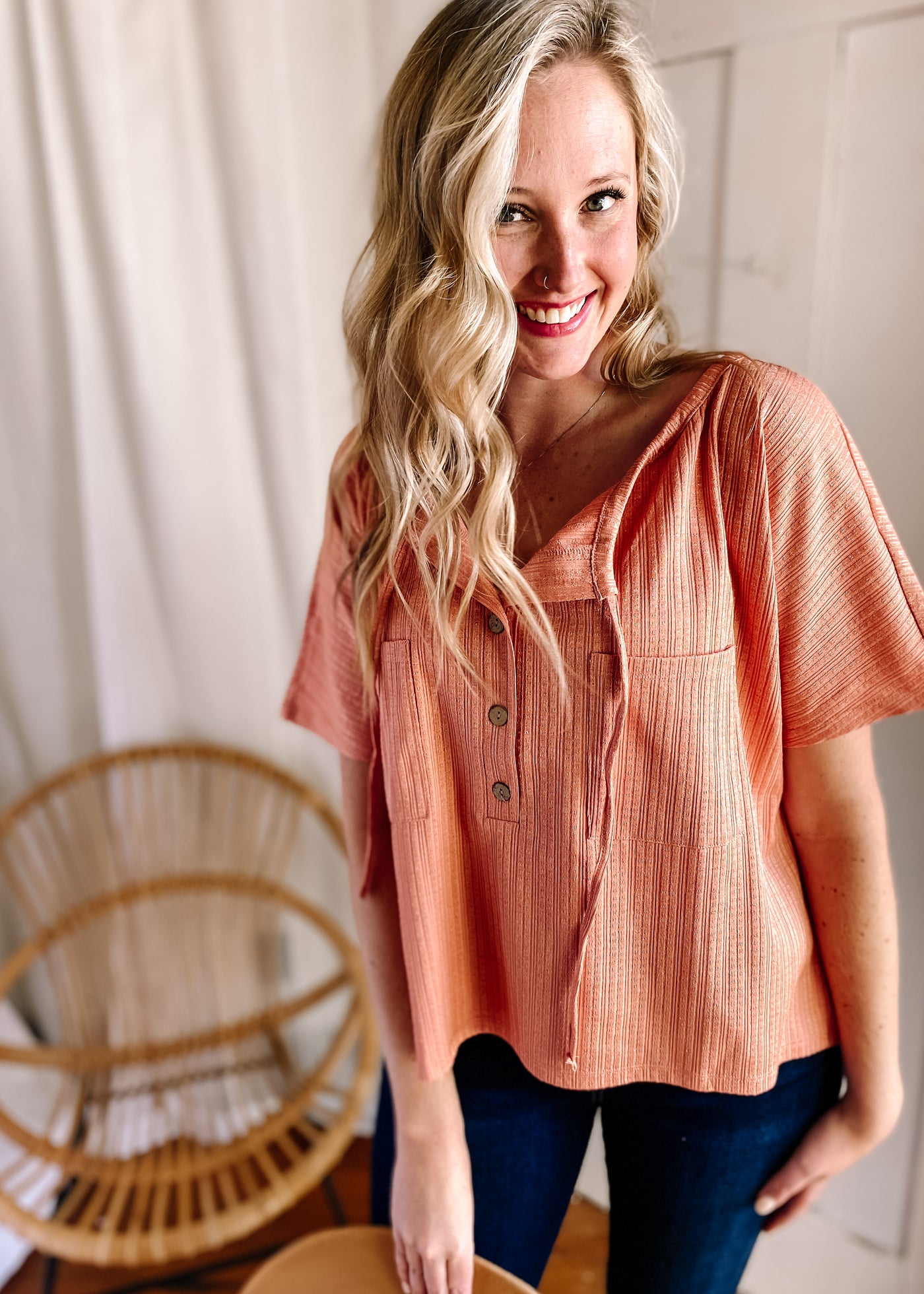 V Neck Buttoned Front Textured Loose Top