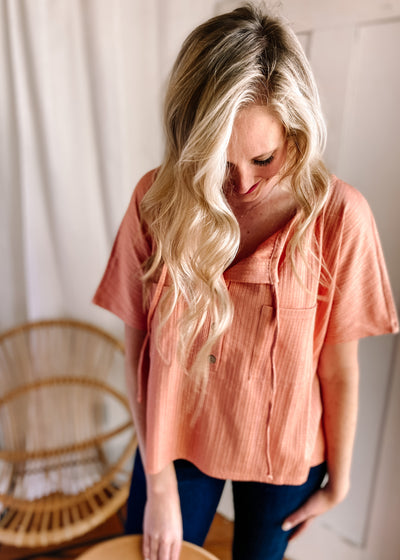 V Neck Buttoned Front Textured Loose Top