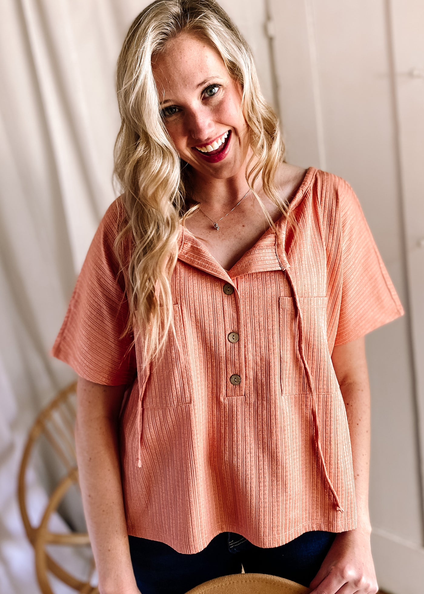 V Neck Buttoned Front Textured Loose Top