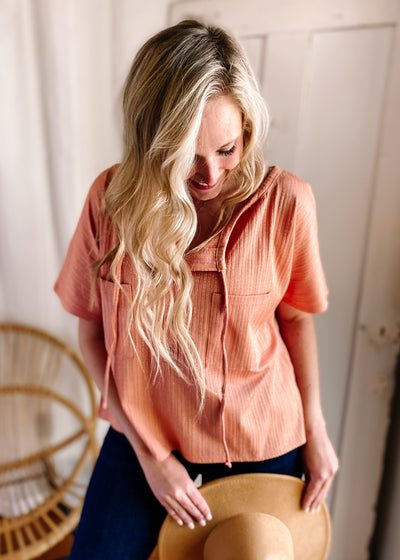 V Neck Buttoned Front Textured Loose Top