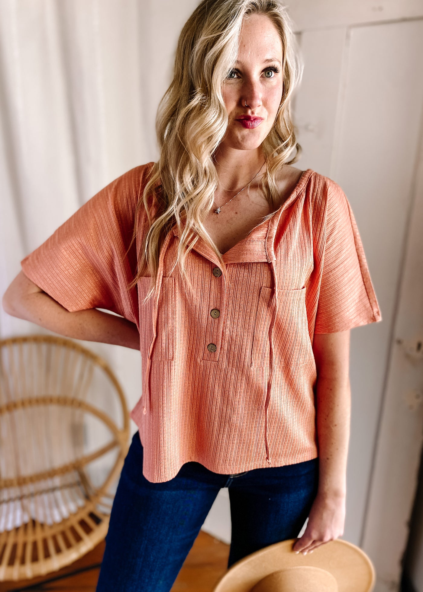V Neck Buttoned Front Textured Loose Top