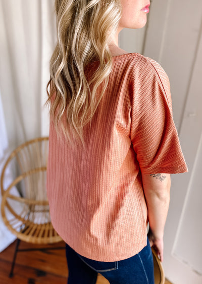 V Neck Buttoned Front Textured Loose Top
