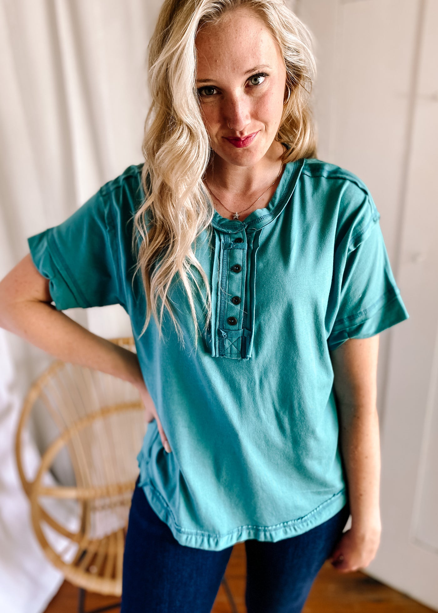Detailed Button Short Sleeve Top in Dusty Teal