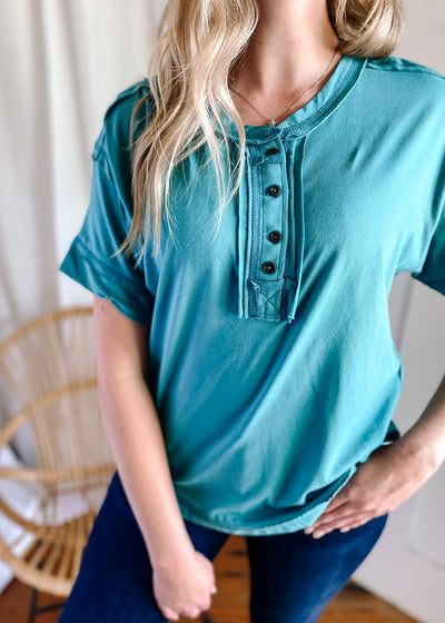 Detailed Button Short Sleeve Top in Dusty Teal