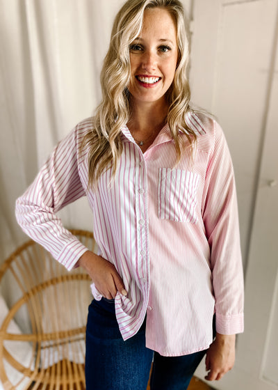 Colorblock Striped Long Sleeve Top in Pink
