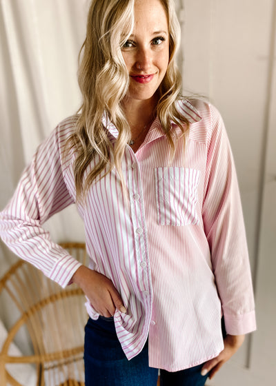 Colorblock Striped Long Sleeve Top in Pink