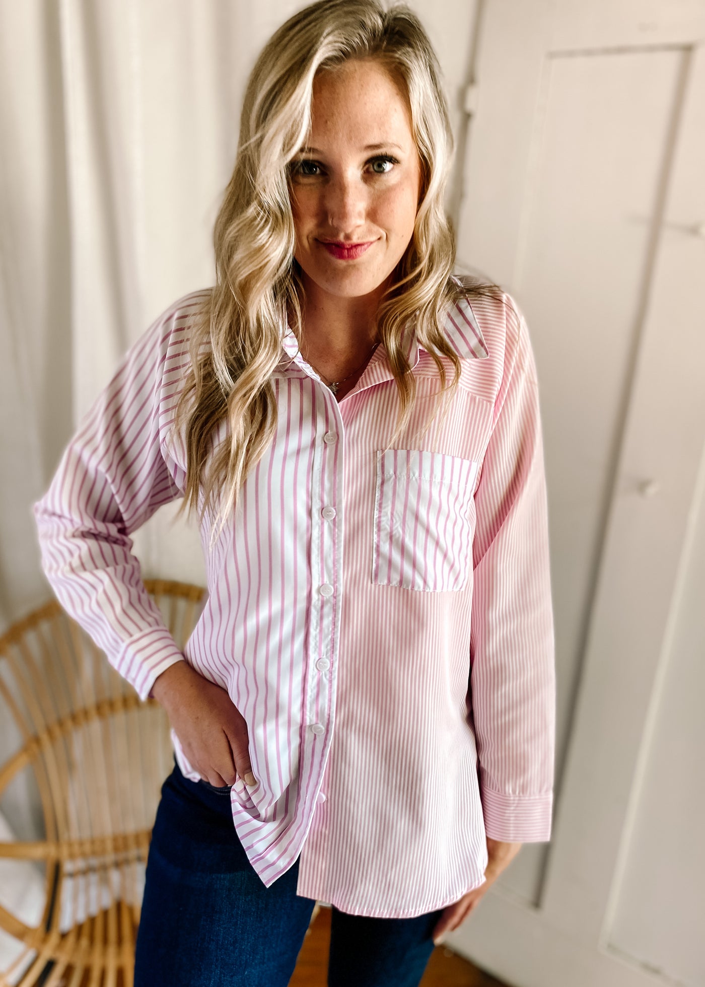 Colorblock Striped Long Sleeve Top in Pink