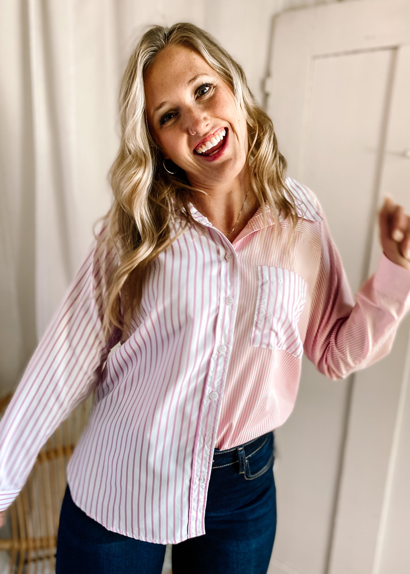 Colorblock Striped Long Sleeve Top in Pink