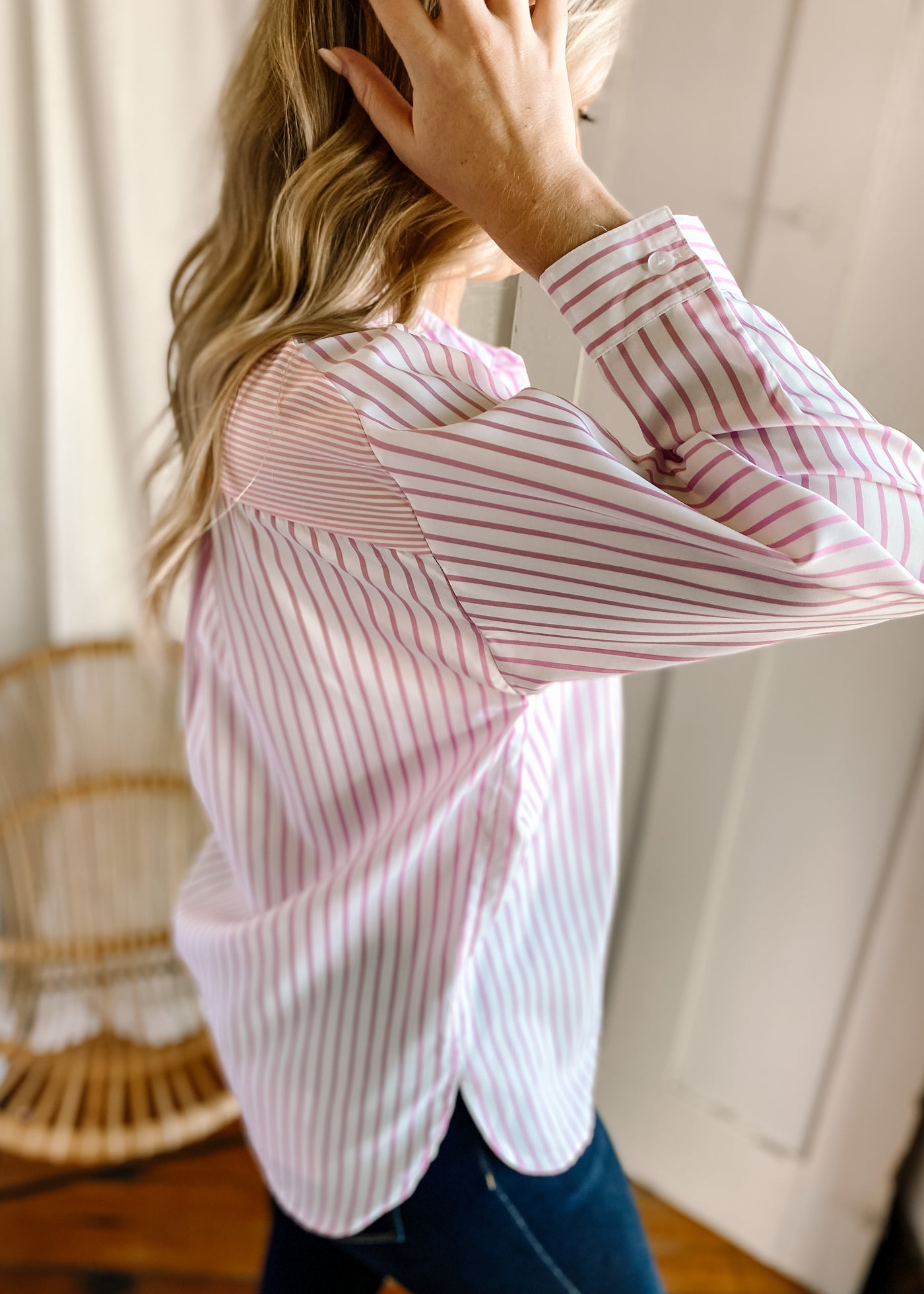 Colorblock Striped Long Sleeve Top in Pink
