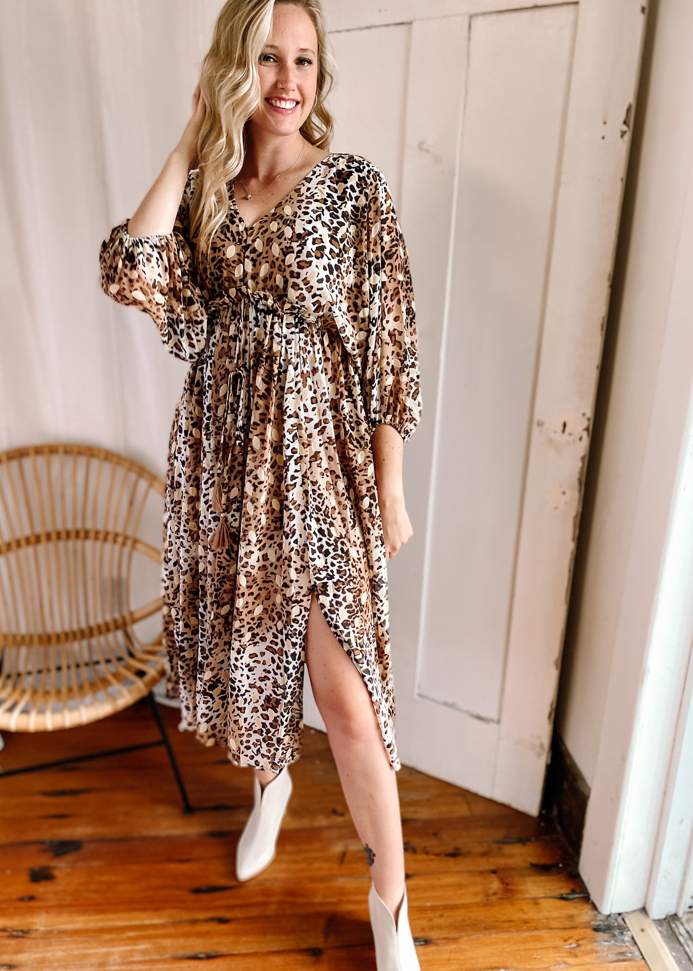 Leopard Frilled Tassel-Tie Waist Dress