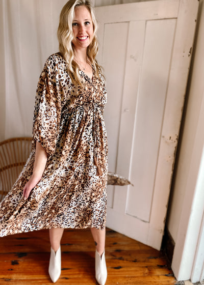 Leopard Frilled Tassel-Tie Waist Dress