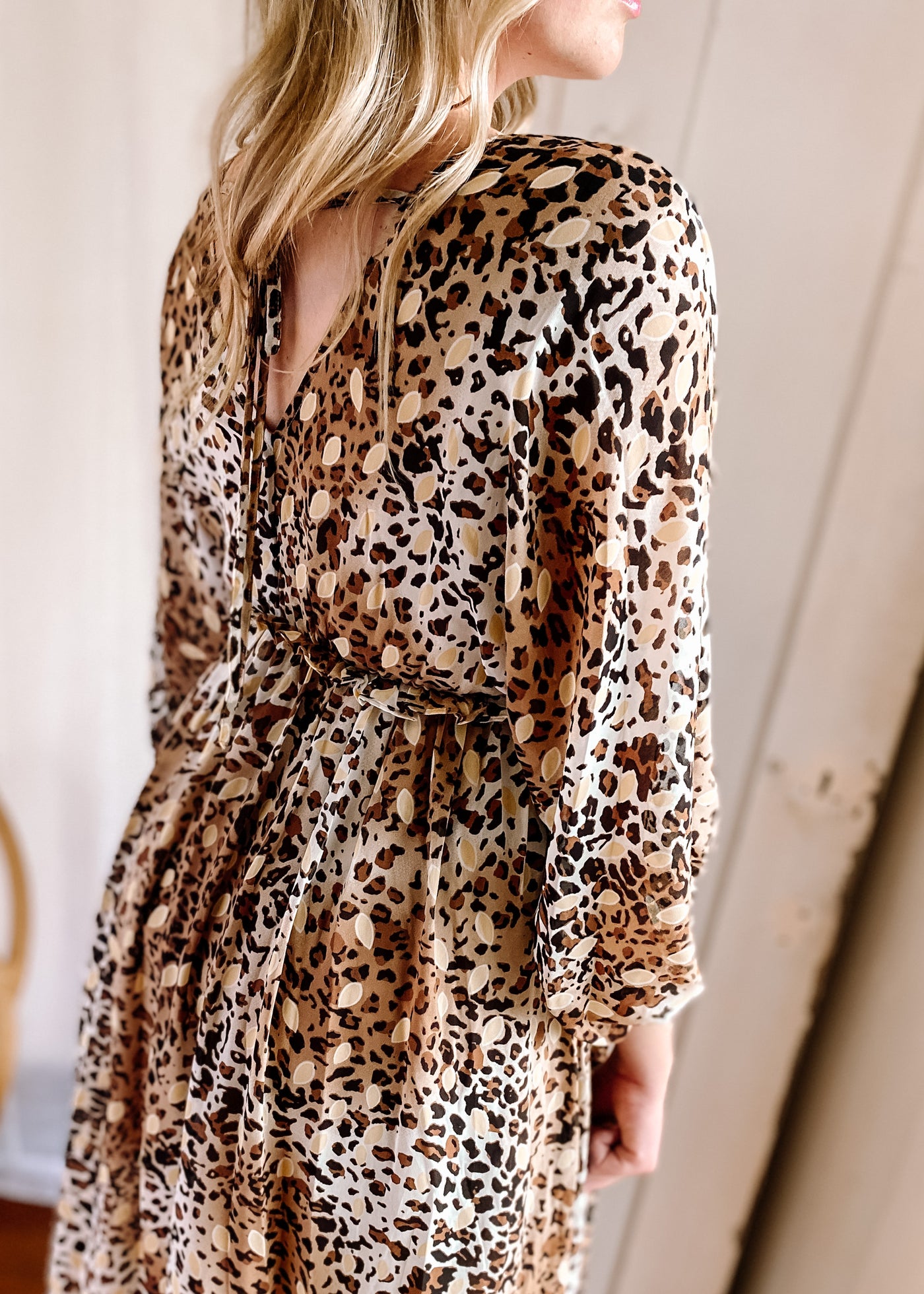 Leopard Frilled Tassel-Tie Waist Dress