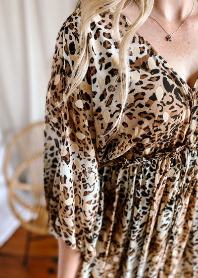 Leopard Frilled Tassel-Tie Waist Dress