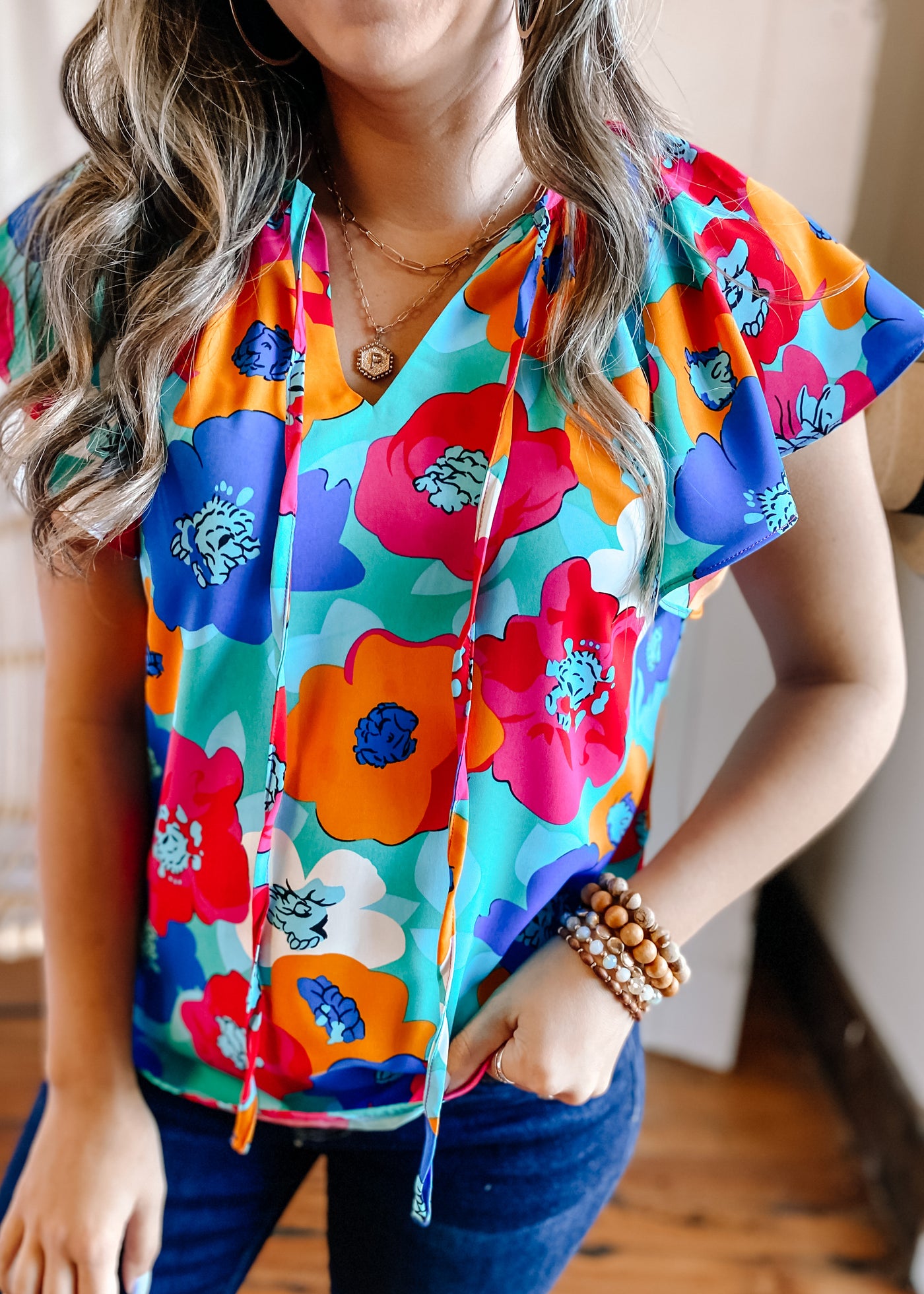 Bold Floral Drawstring V Neck Top