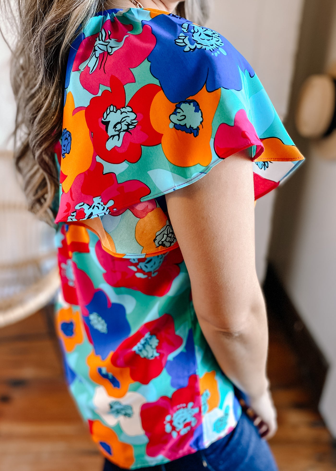Bold Floral Drawstring V Neck Top