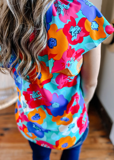 Bold Floral Drawstring V Neck Top