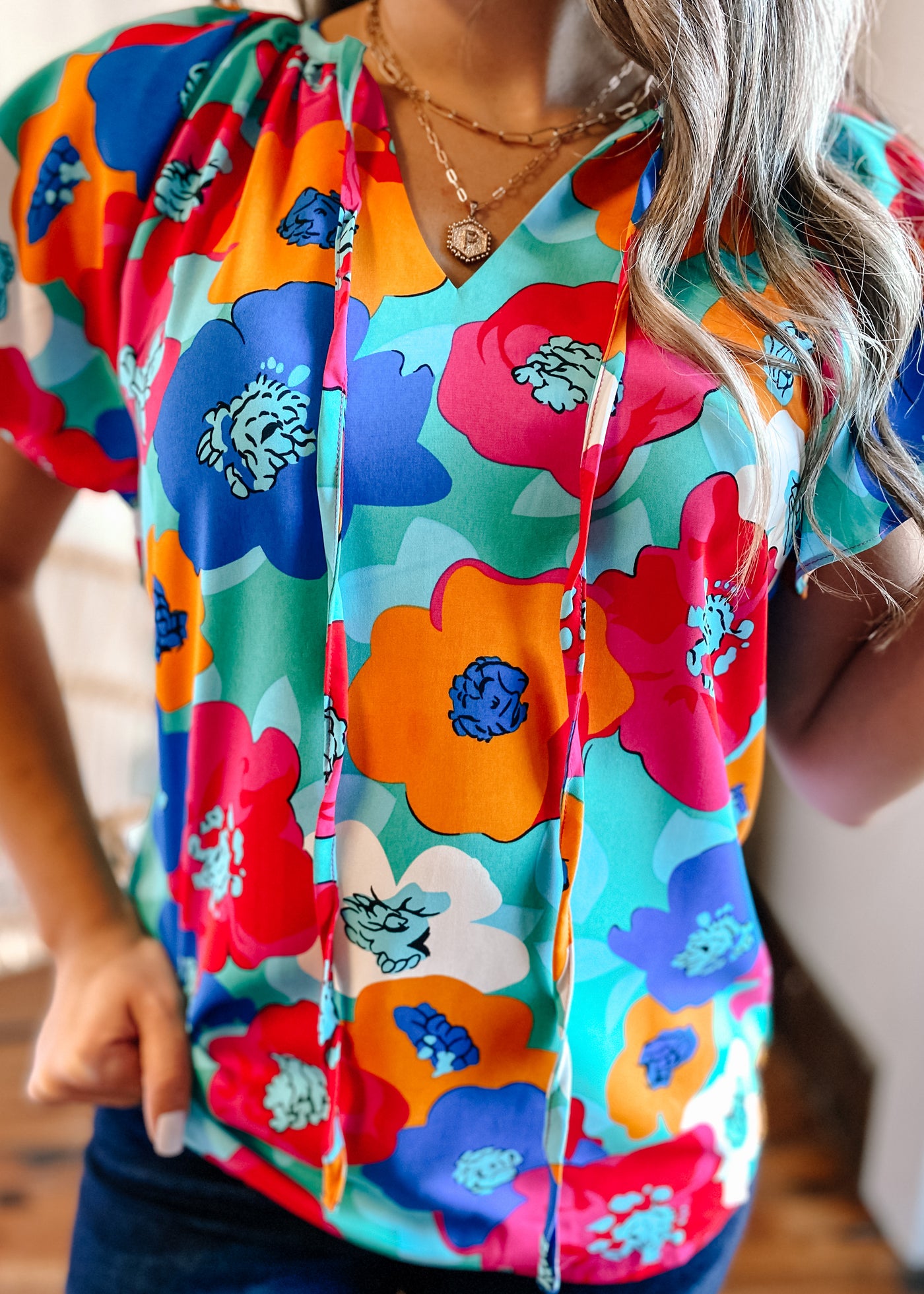 Bold Floral Drawstring V Neck Top