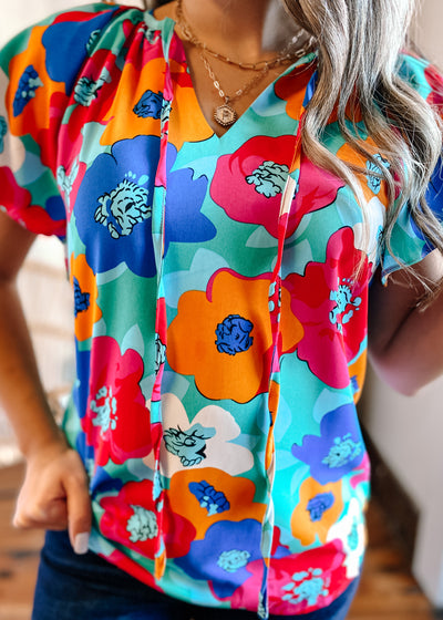 Bold Floral Drawstring V Neck Top