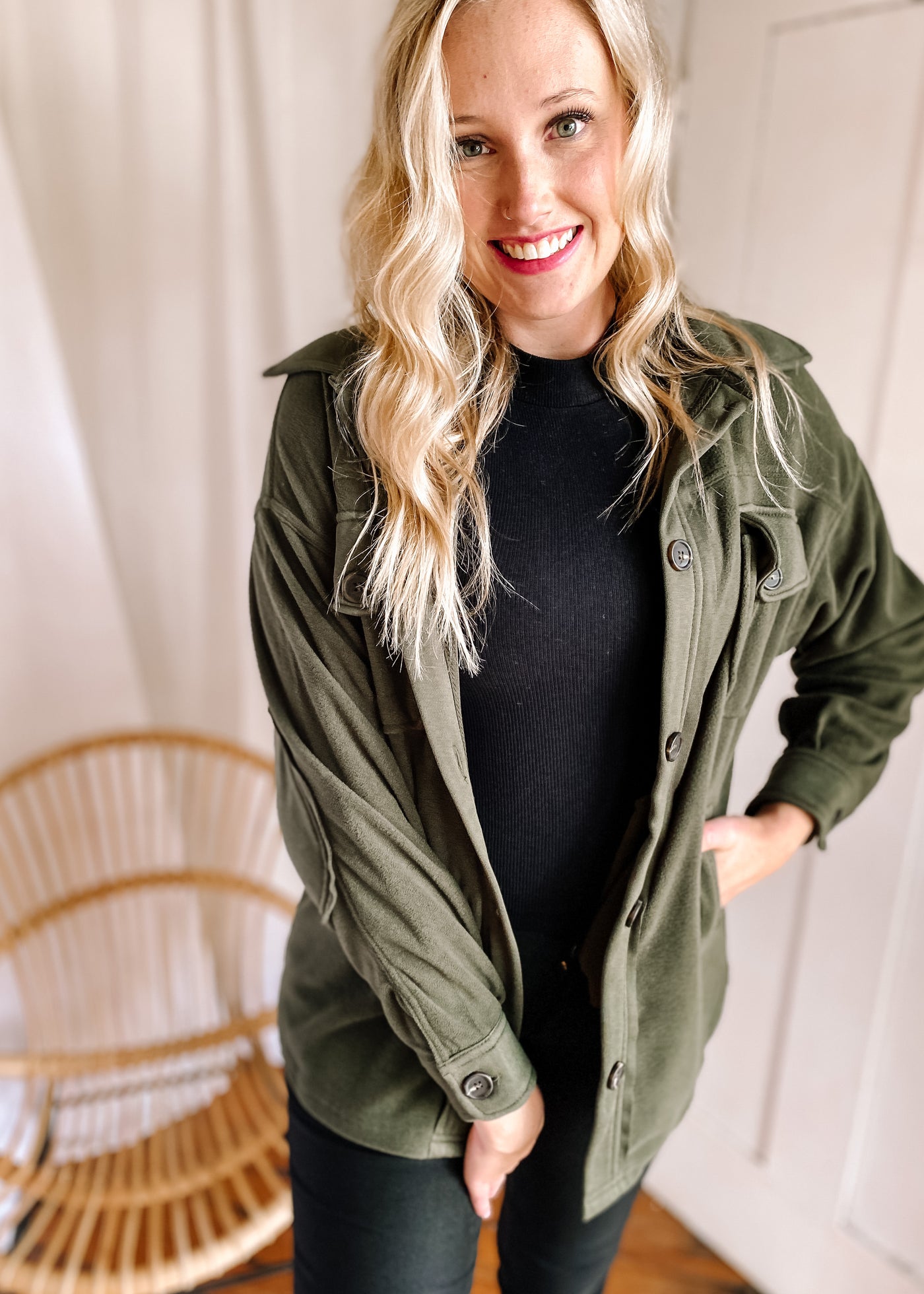 Oversized Basic Fleece Shacket in Dark Olive