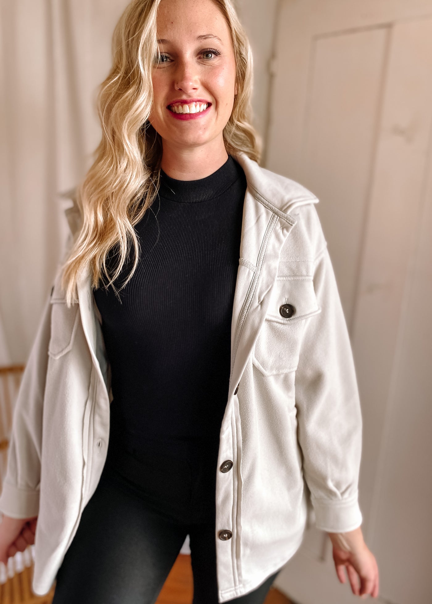 Oversized Basic Fleece Shacket in Bone