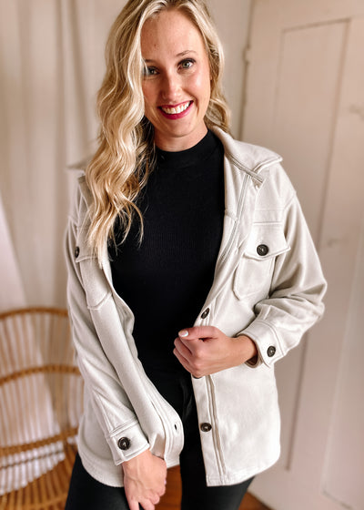 Oversized Basic Fleece Shacket in Bone