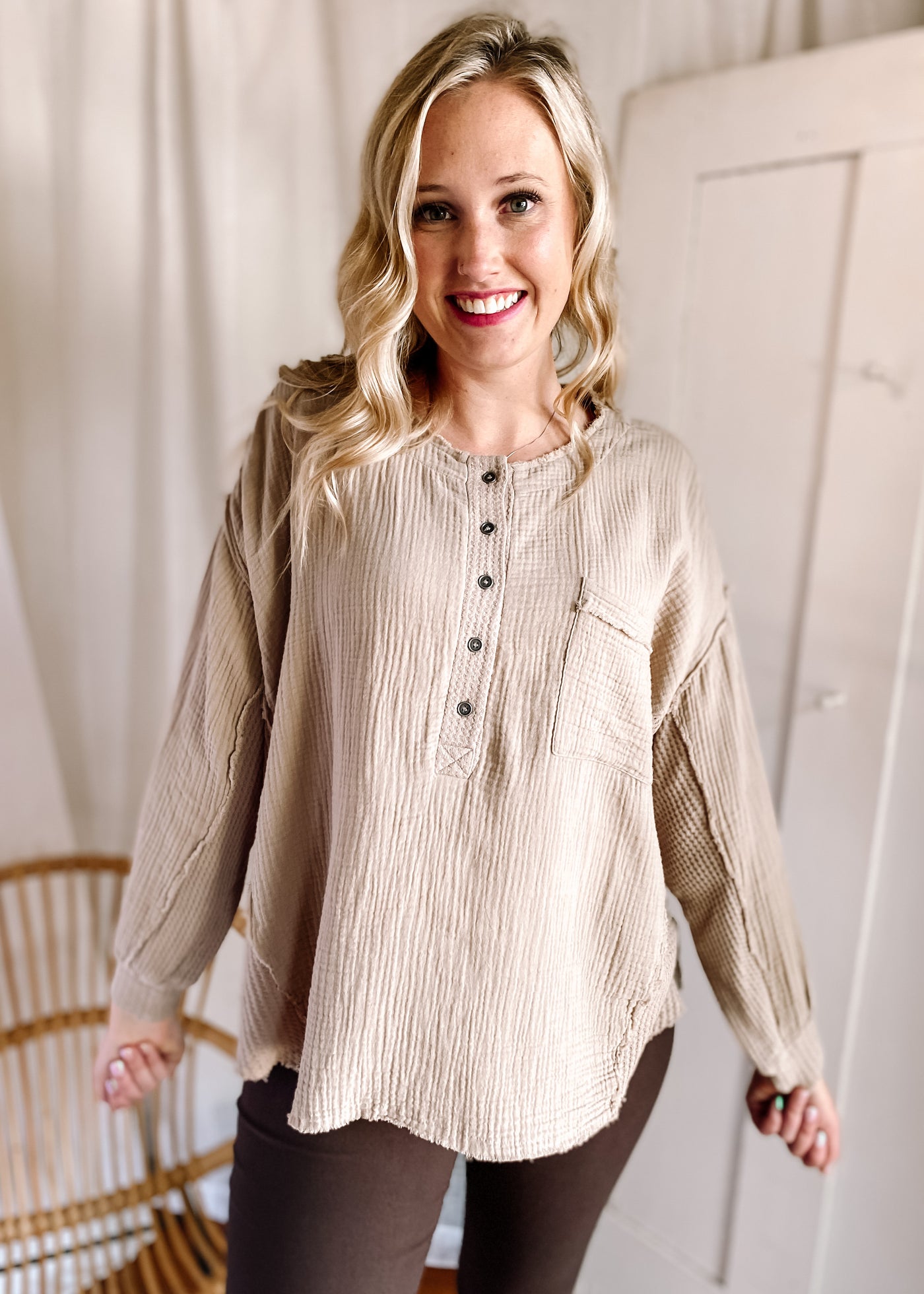 Double Gauze Oversized 3/4 Button Henley Neck Top in Light Mocha