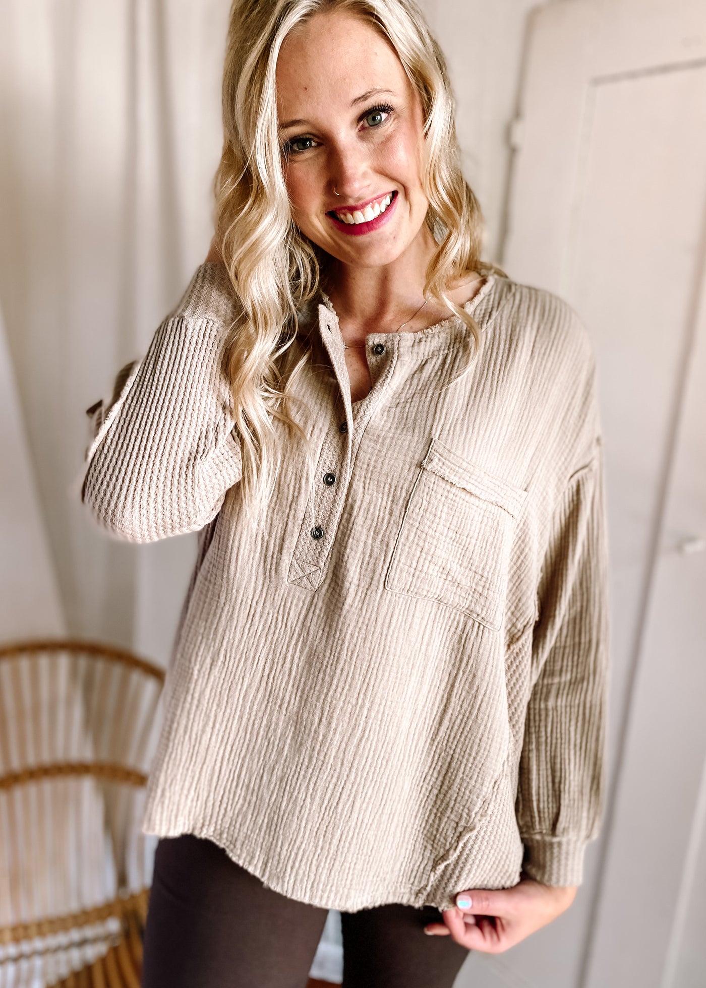 Double Gauze Oversized 3/4 Button Henley Neck Top in Light Mocha