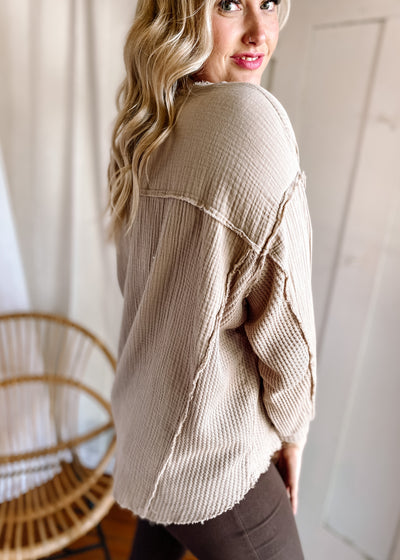 Double Gauze Oversized 3/4 Button Henley Neck Top in Light Mocha