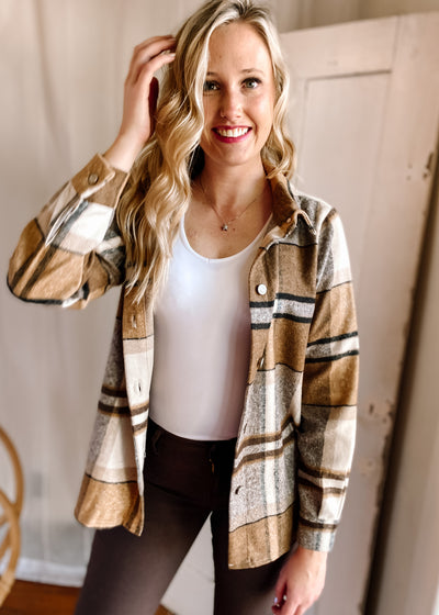 Charm Plaid Shacket in Camel
