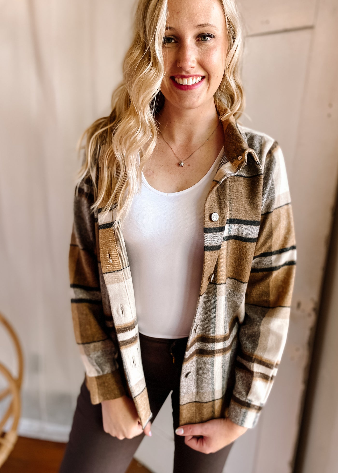 Charm Plaid Shacket in Camel